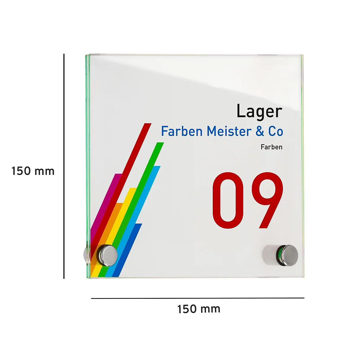 Panneau de verre carré avec le texte "Lager Farben Meister & Co Farben 09", bande colorée et vis de fixation.