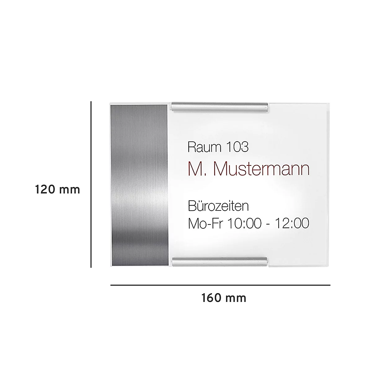 Panneau de porte rectangulaire avec numéro de chambre, nom et heures de bureau. Couleurs gris-argenté et blanc. Dimensions : 120 x 160 mm.