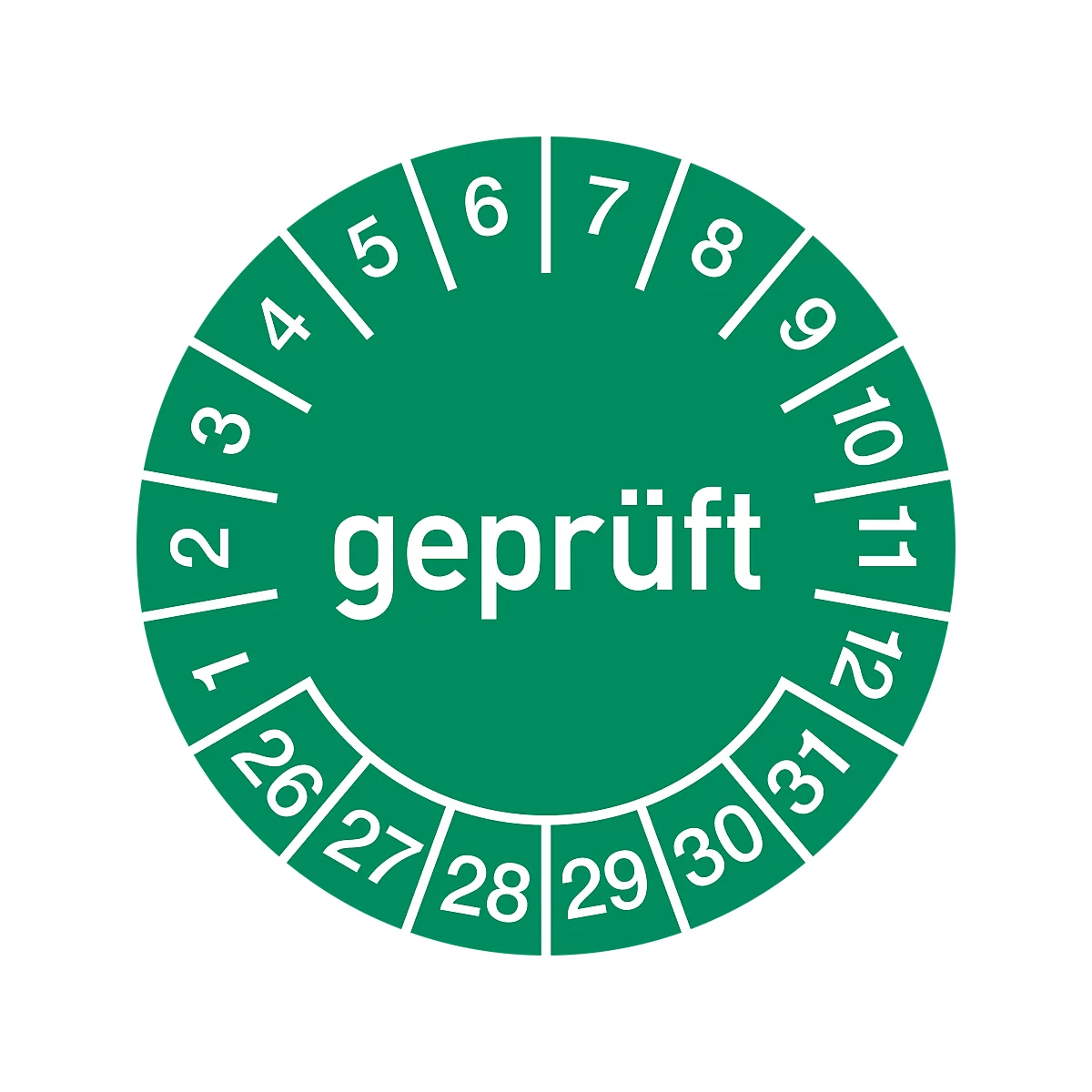 Un autocollant vert et rond avec le mot 'geprüft' et des chiffres de 1 à 31 sur le bord.
