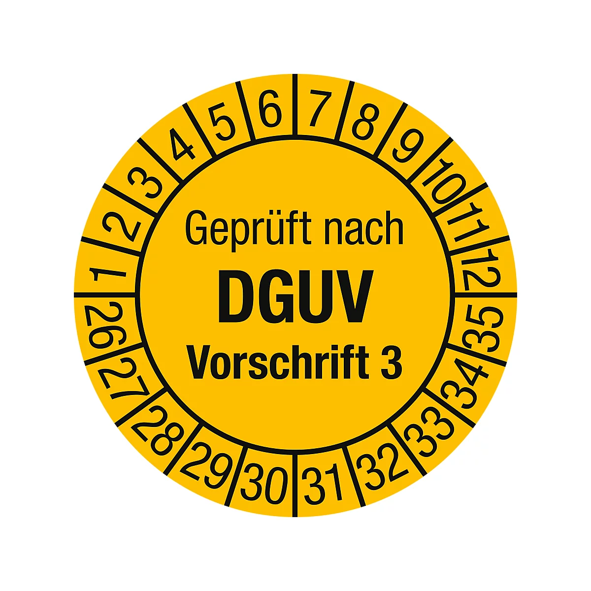 Autocollant jaune avec des chiffres, inscription 'Geprüft nach DGUV Vorschrift 3'.