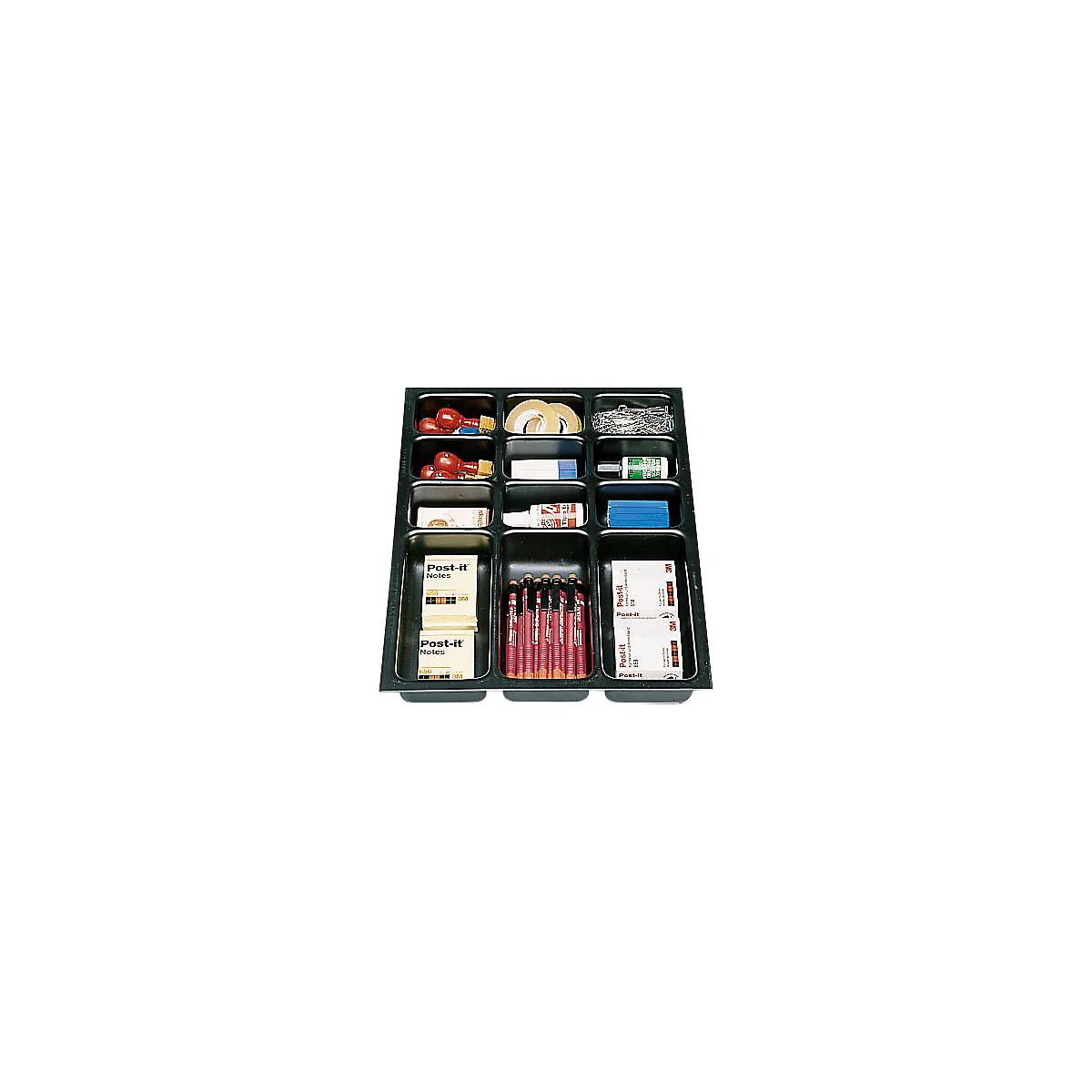 Black drawer with office supplies, including pencils, tape, paper clips, sticky notes, and correction fluid.
