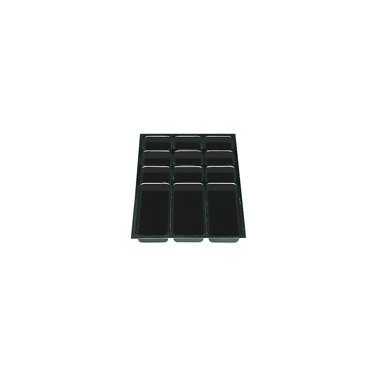 Black, rectangular serving tray with 12 compartments.