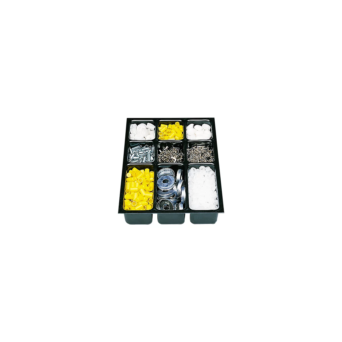 Black tray with nine compartments filled with various small parts: screws, springs, yellow caps.