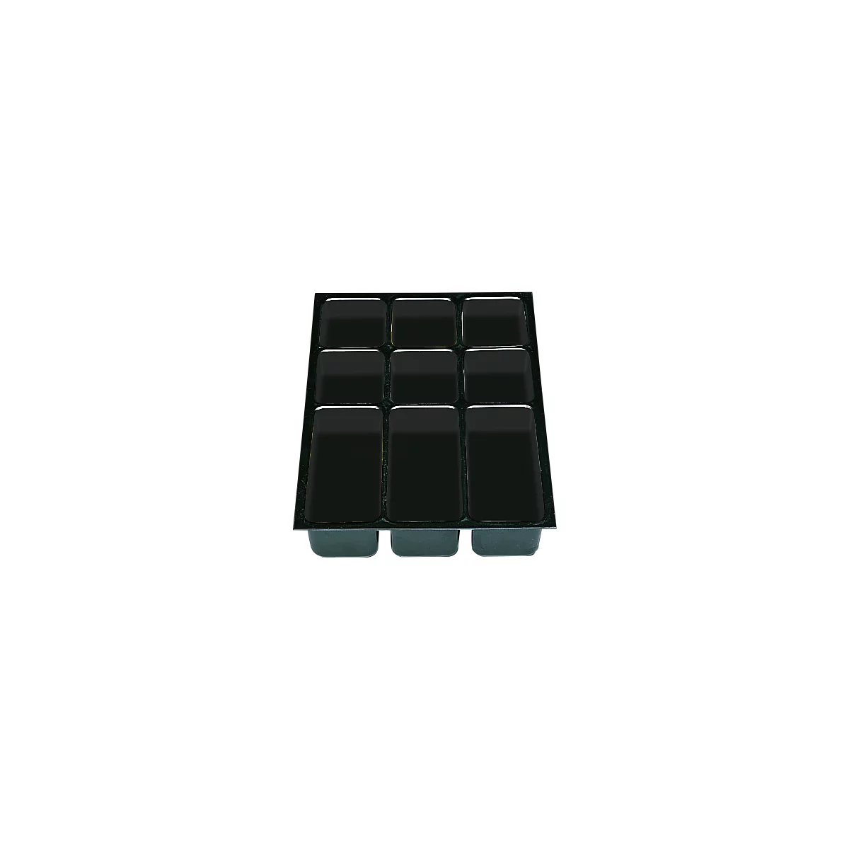 Black plastic tray with nine rectangular compartments.