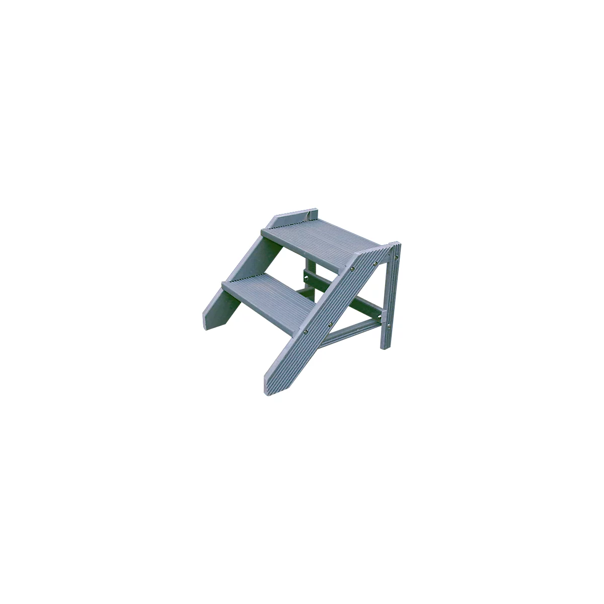 Gray step stool with two steps, ridged surface, and visible screws.