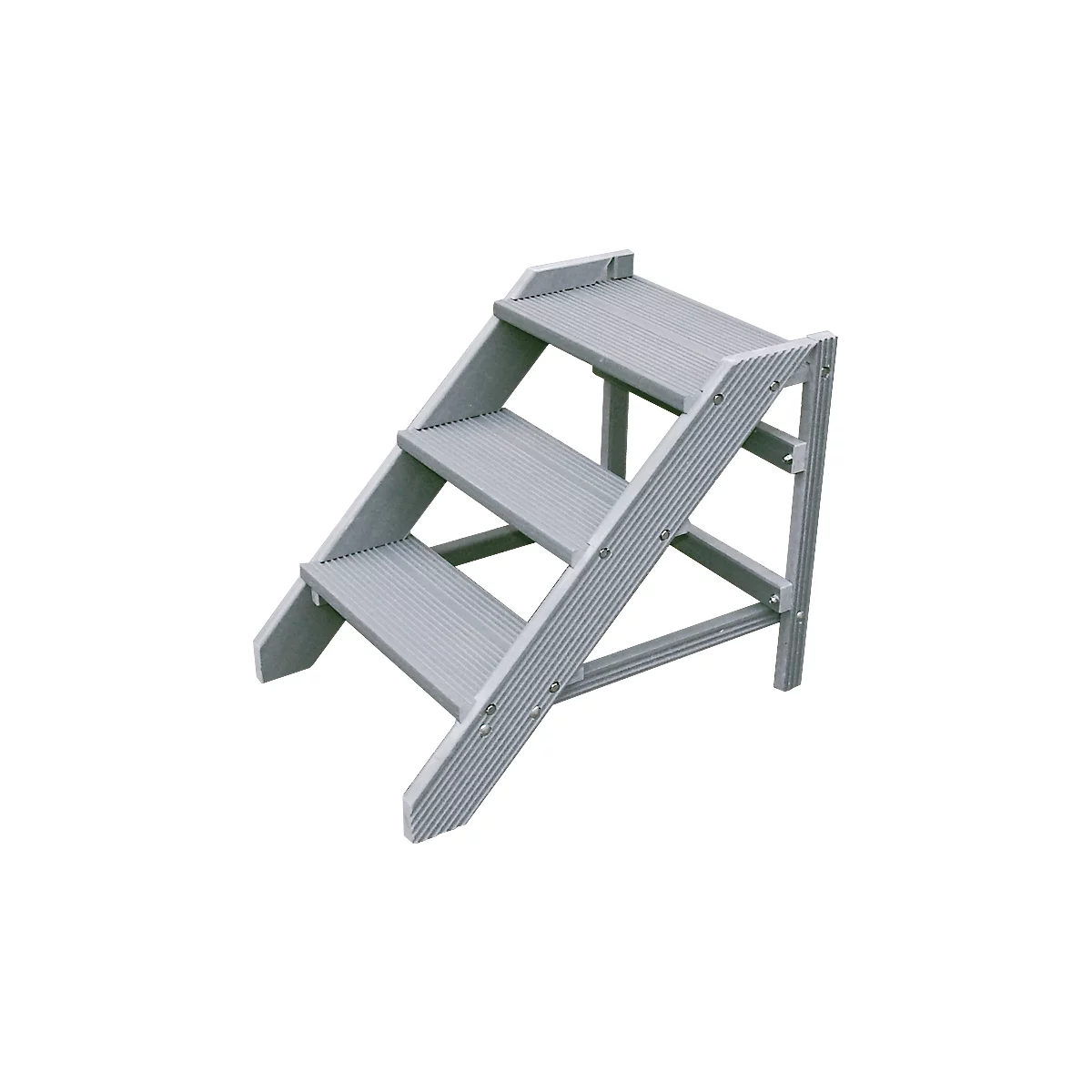 Grey, three-step pet stairs made of plastic, ribbed steps, side struts with screws.