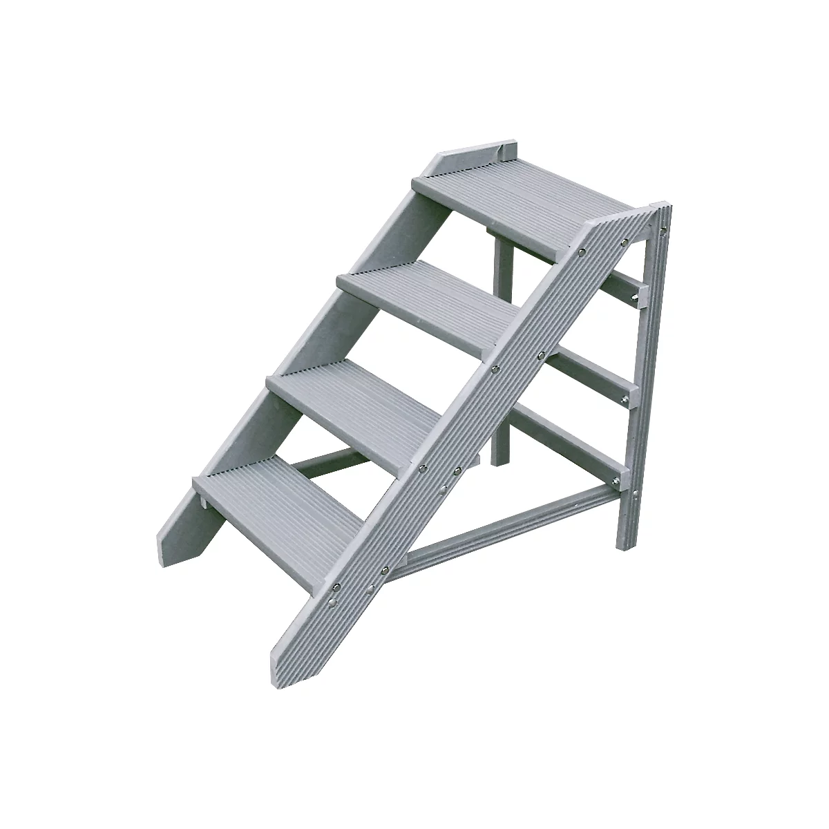 Gray, freestanding staircase with four steps. The steps and the side support structures are made of ribbed material. Light gray background.