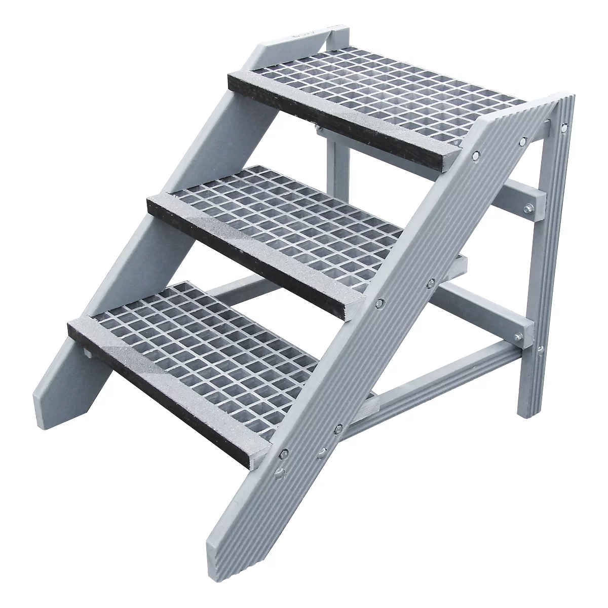 Grey staircase with three steps, treads with black non-slip coating.