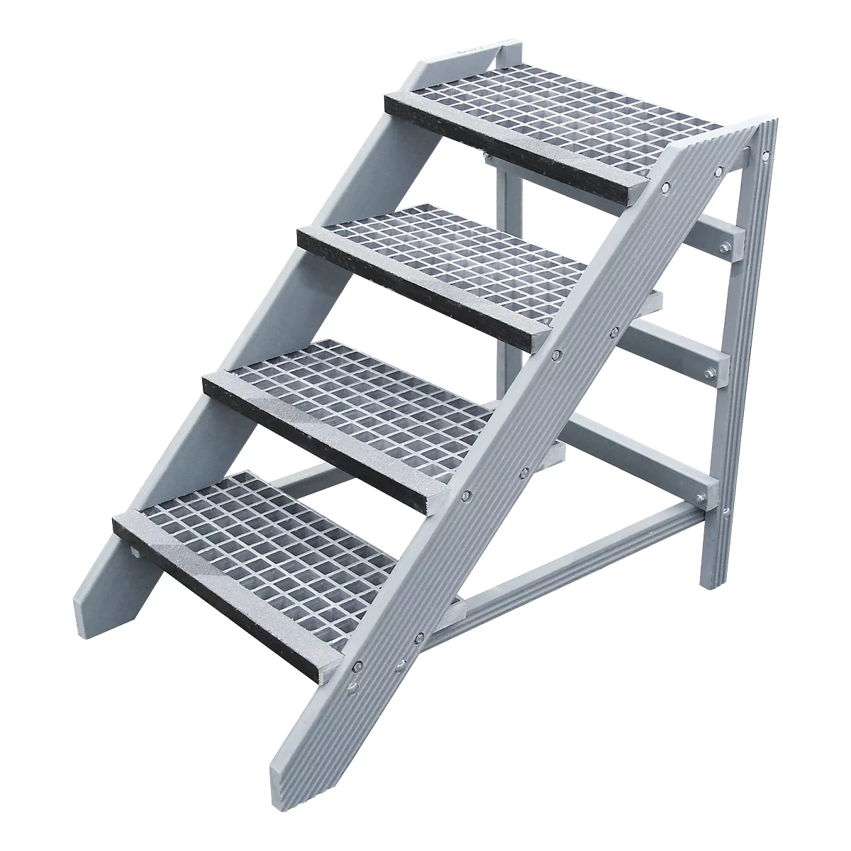 Gray freestanding staircase with four steps. The steps have a grid pattern, the treads are black.