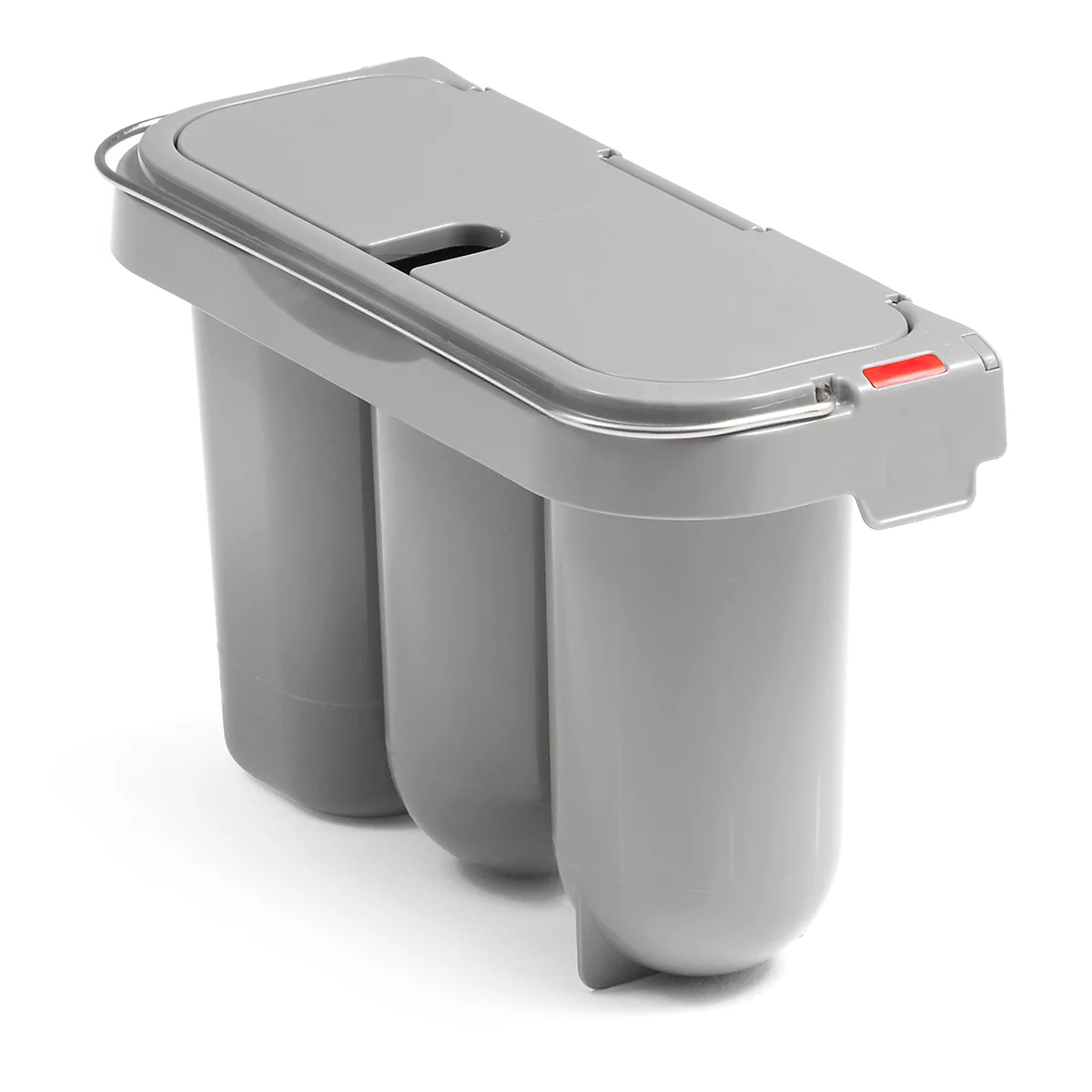 Gray trash can with three compartments. The lid has a small slot. Red dot on the right.