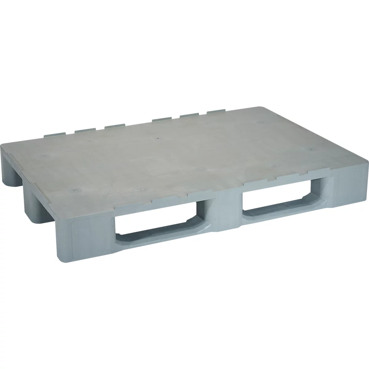 Light gray plastic pallet. The pallet has rectangular cutouts and a textured surface.
