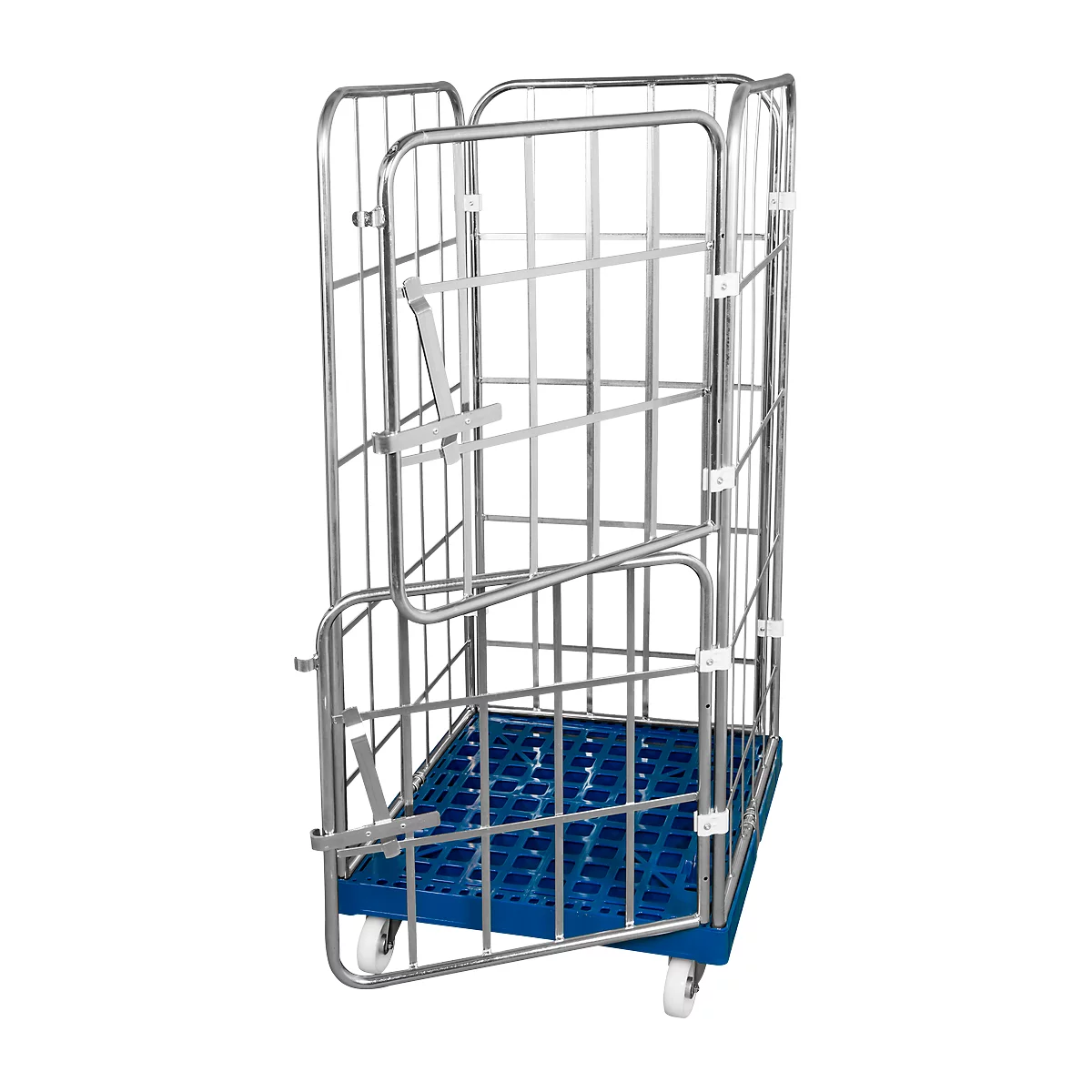 Roll container with blue grid floor and side door; metallic color.