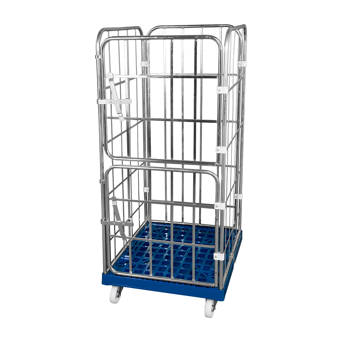 Metal roll container with blue grid base and wheels.