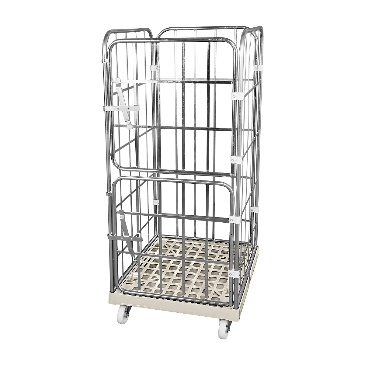 Empty metal transport trolley. Gray metal struts form a cage on wheels.