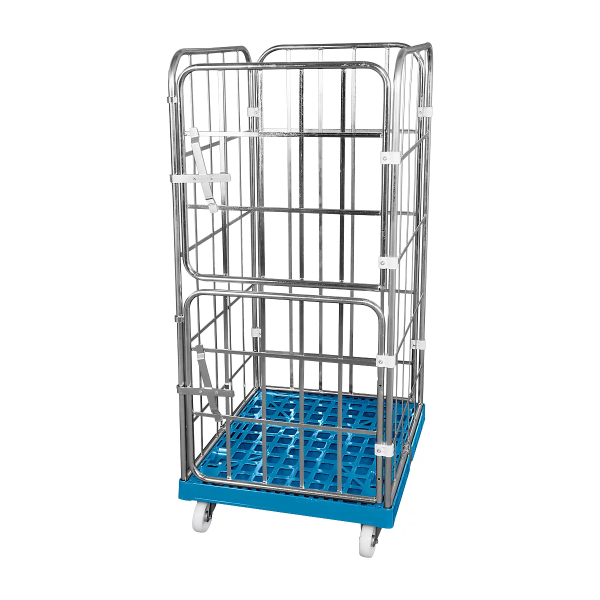 Metal rolling cage, blue grid and base, with wheels. Closed sides, door that can be opened.