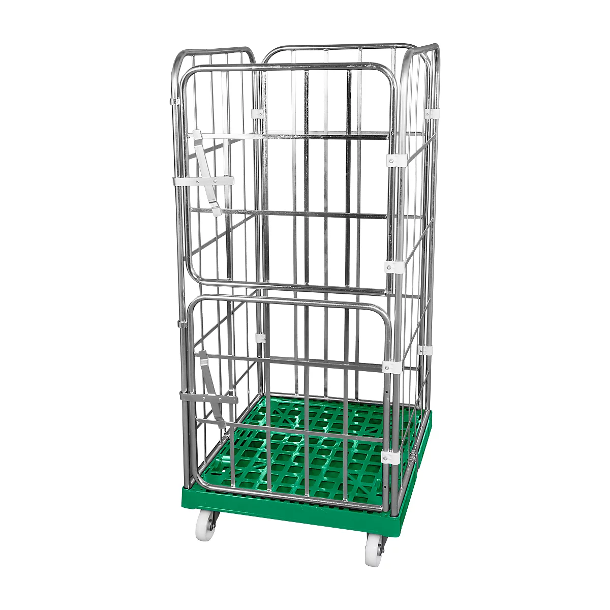 Metal transport cart, green plastic base, rollers.