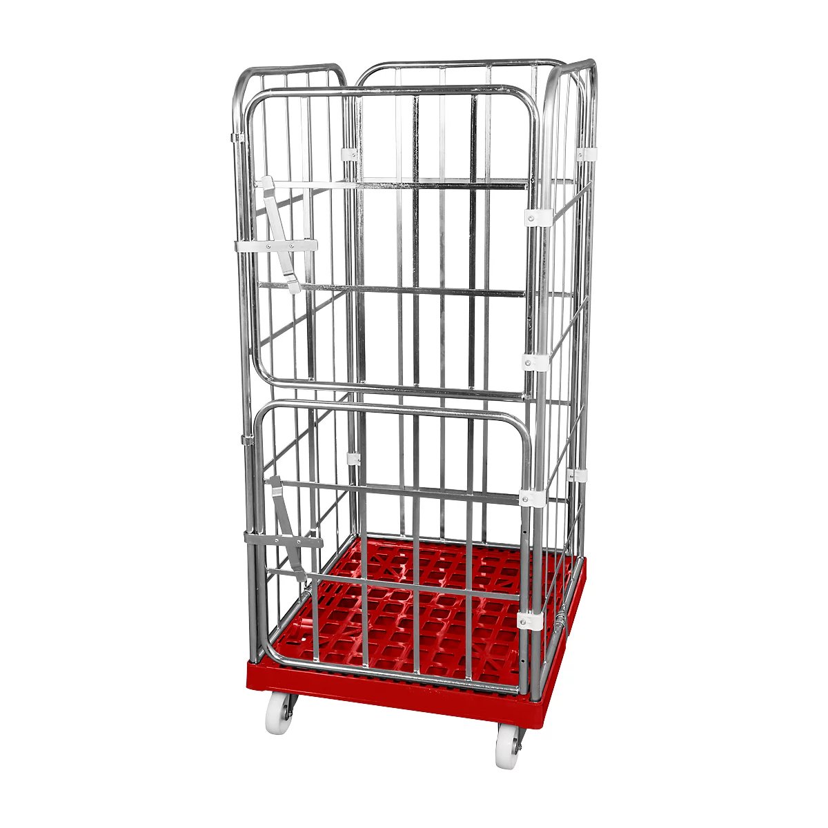 Metal mesh cart with red base, standing on rollers.