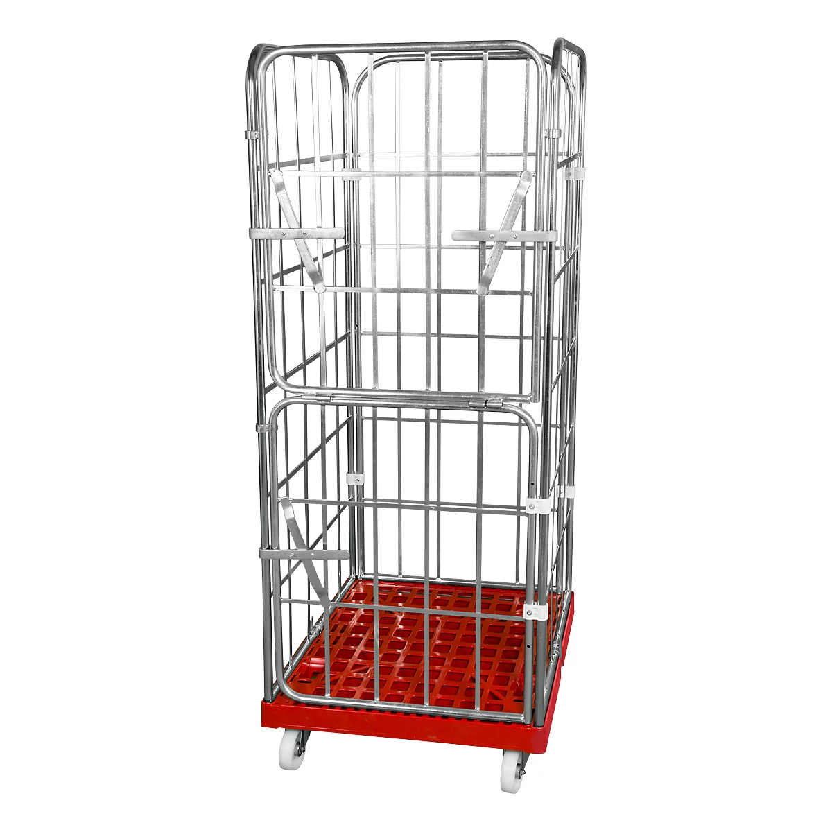 An empty, rolling grid cart with a red floor. The basket is made of silver metal. It has wheels.