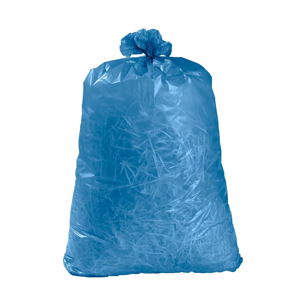 Blue trash bag filled with shredded paper against a white background.