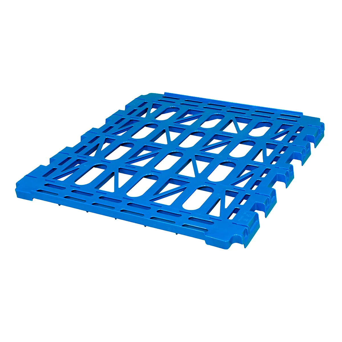 Blue plastic pallet base with open design. Rectangular shape, many openings and stabilizing struts.