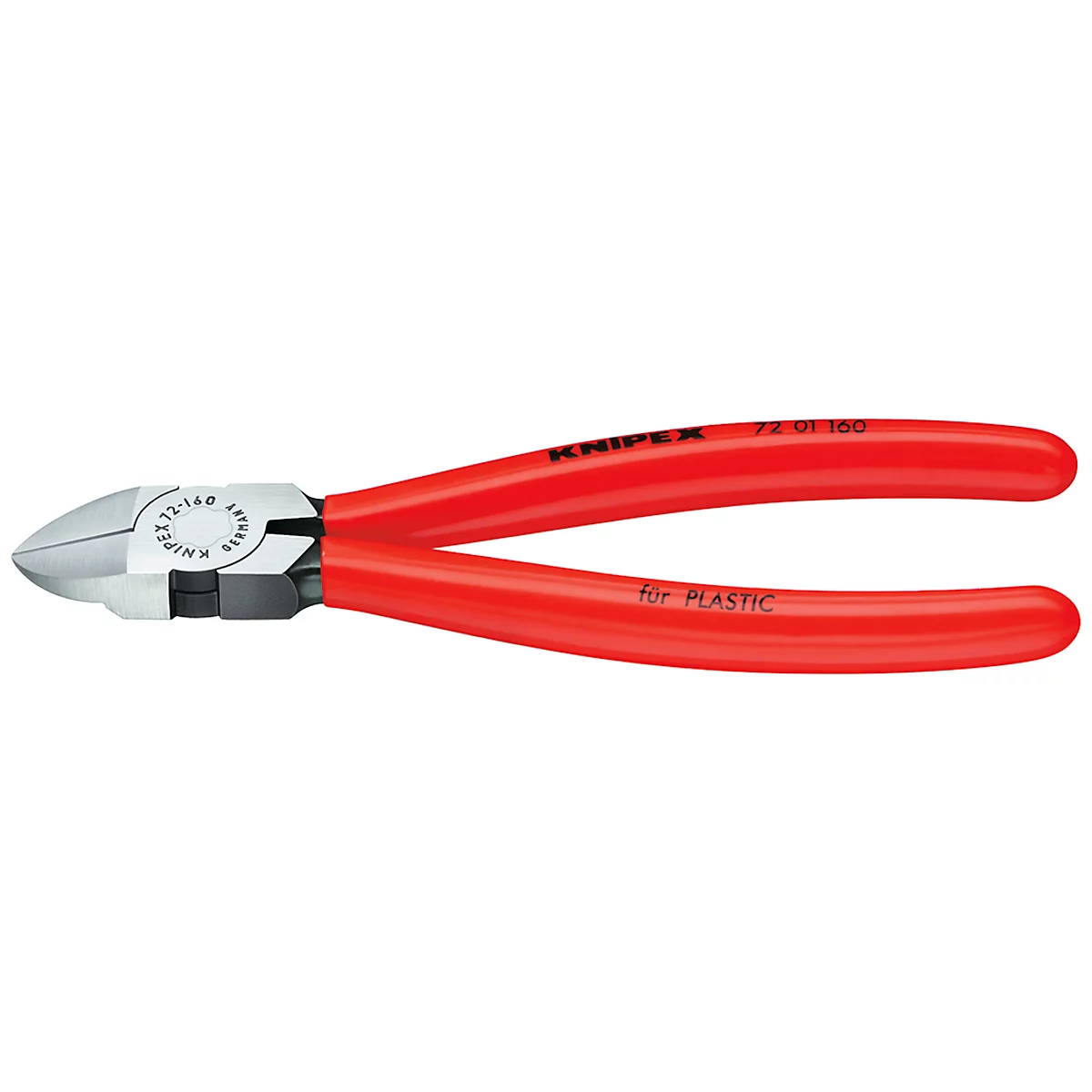 Red side cutter pliers, manufacturer Knipex, inscription 'for Plastic'.