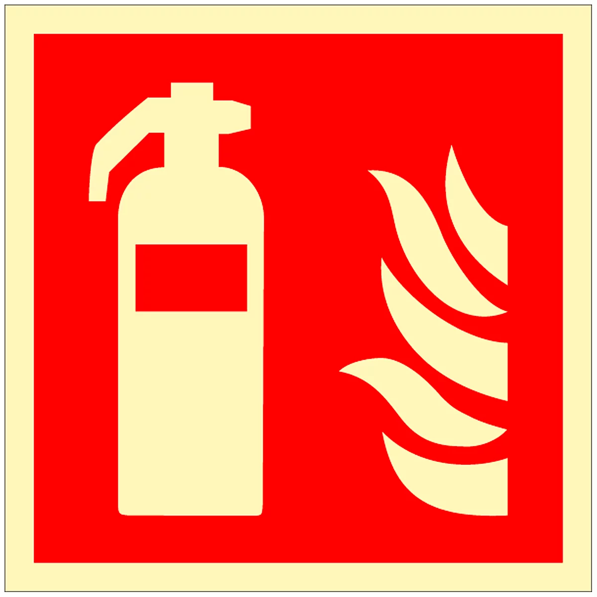A white symbol of a fire extinguisher against a red background, next to flames.