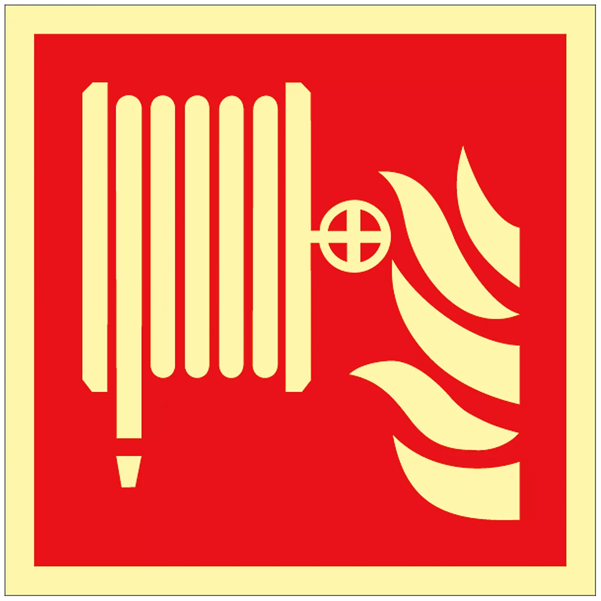 Red sign with symbols for a fire extinguisher: hose and flames. On a beige background.