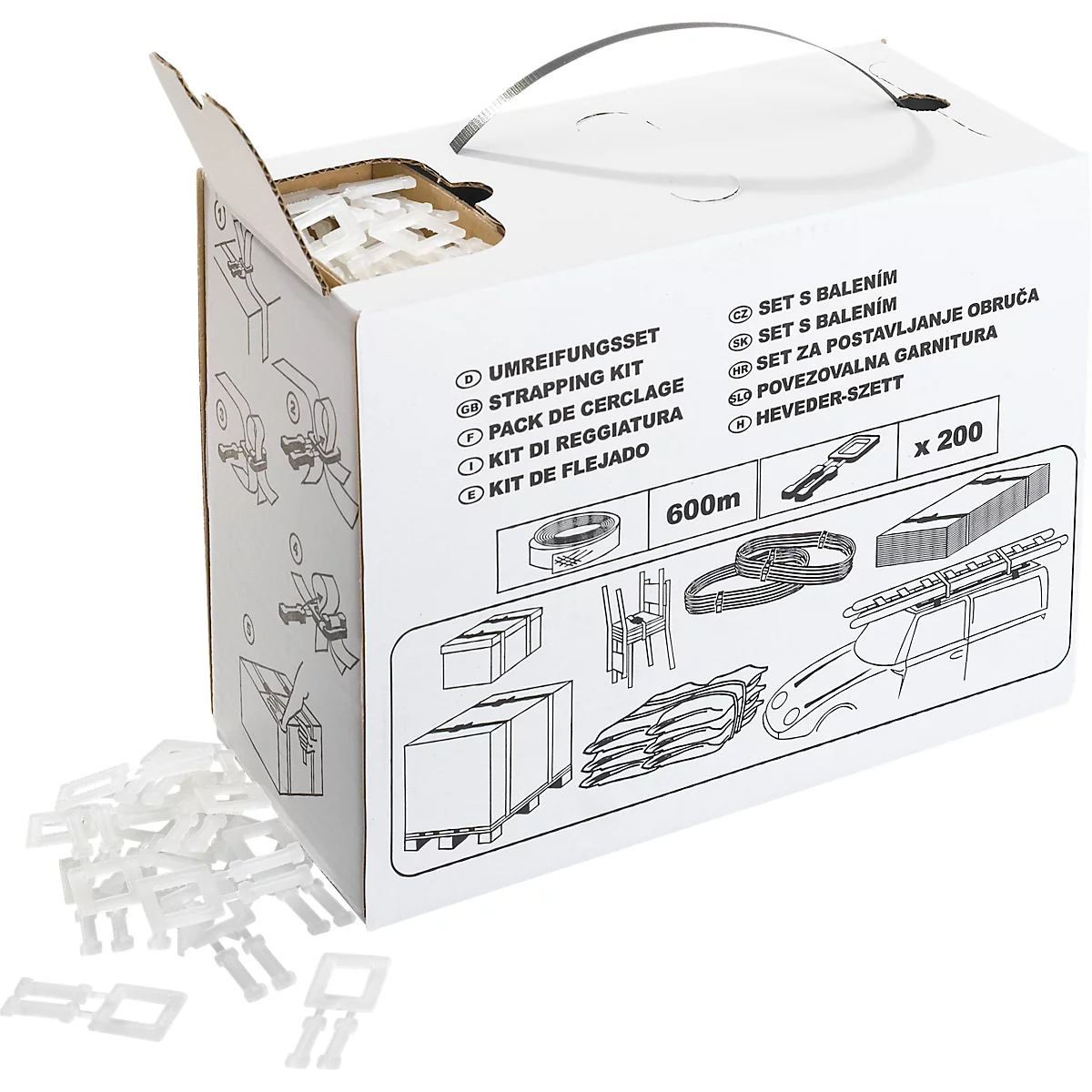 White box with strapping kit contents. Prints in several languages. Small plastic parts in front.