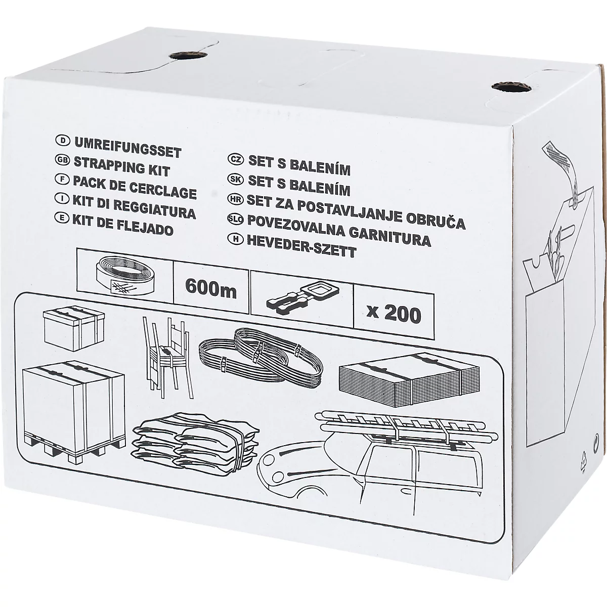 White box with prints, showing different applications for strapping kits. Including tools, pallets, sandbags and a car.