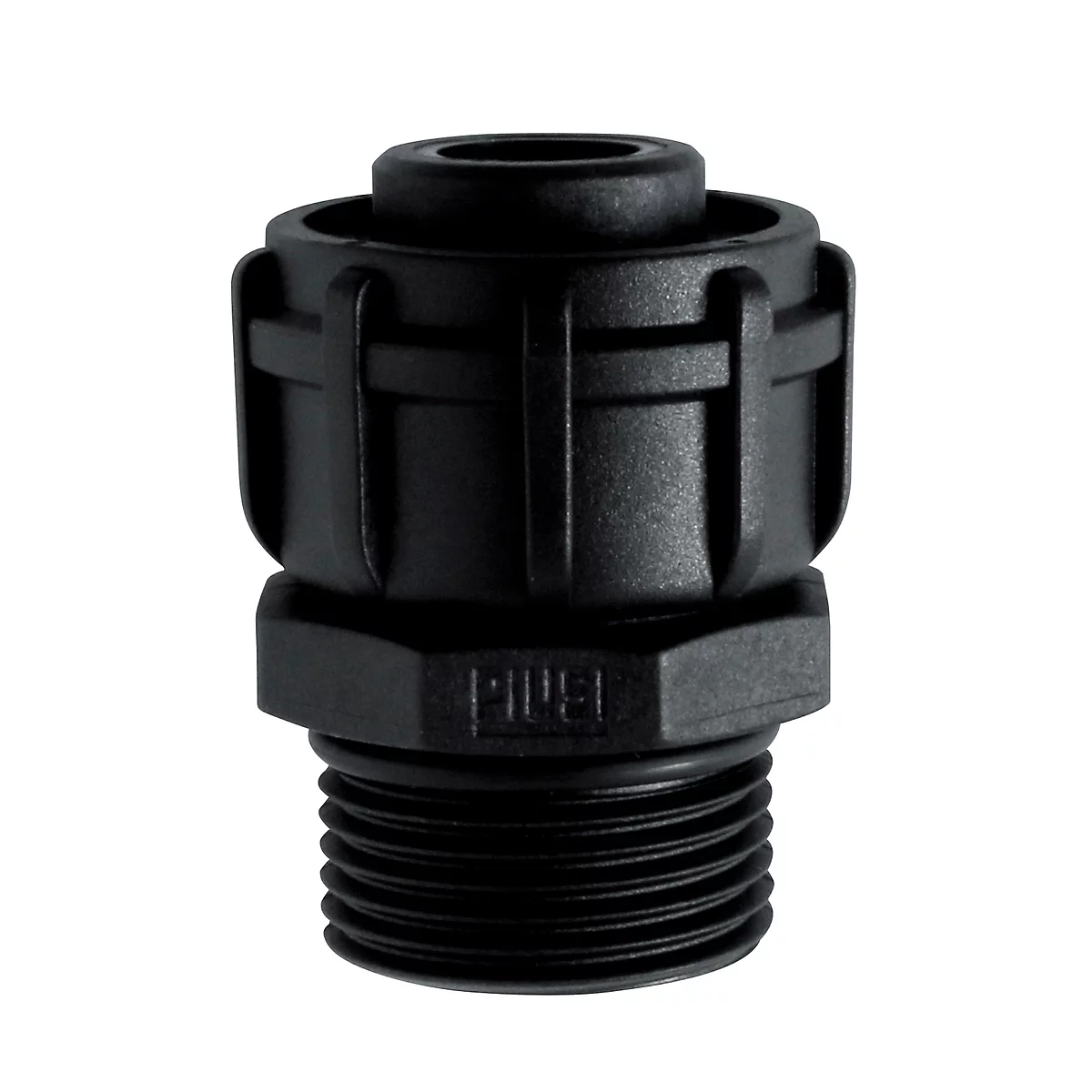 Black cable gland. Multi-part plastic housing with thread and locking lugs.
