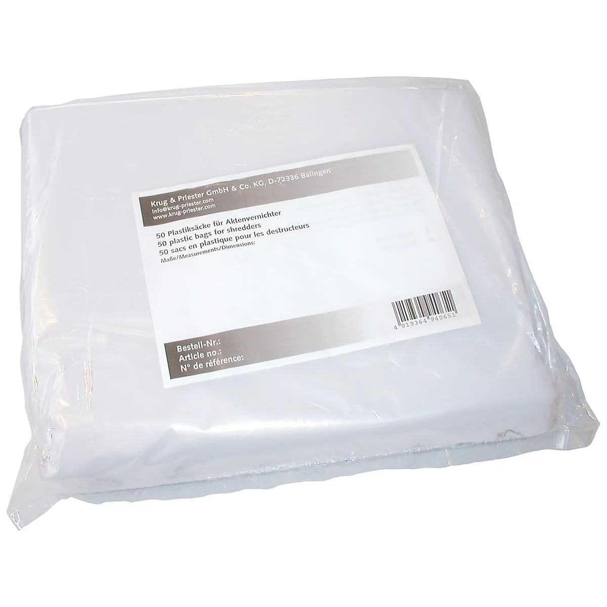 Een doorzichtige plastic zak met een rechthoekig etiket met informatie. Label: Tekst in het Duits, Engels en Frans, barcode.