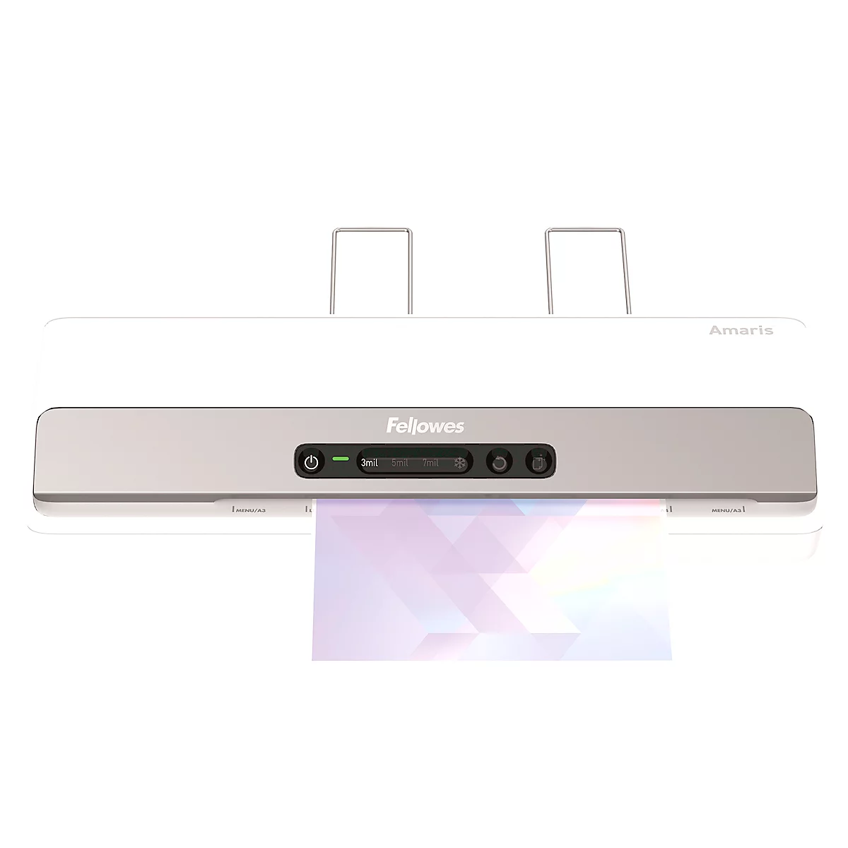 Plastifieuse Fellowes® Amaris A3, jusqu'à A3, pour épaisseur de film 80-175 μ, 800 mm/min, temps de chauffe 1 min, 3 niveaux de chauffe, 10 films de plastification, argent-blanc