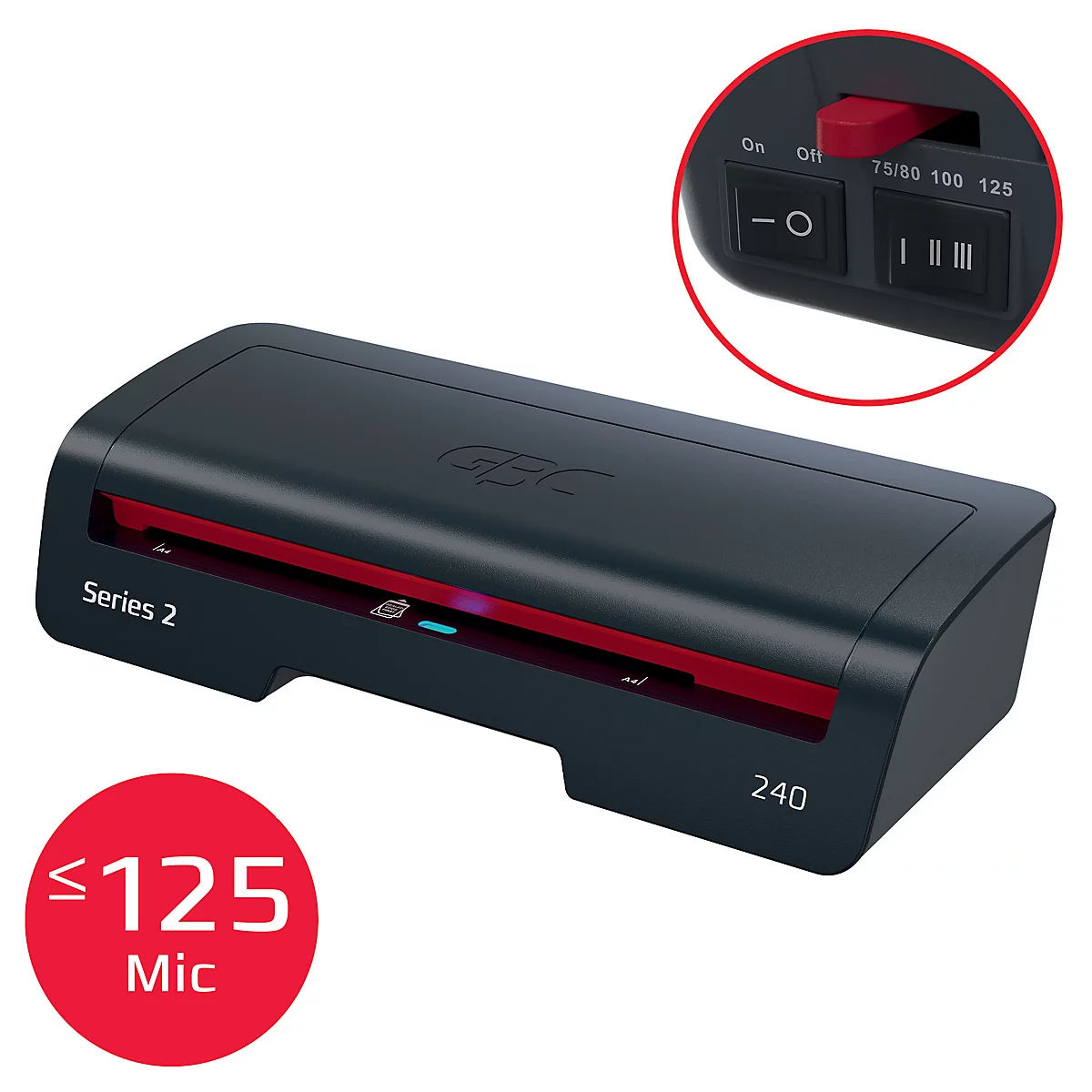 Laminateur noir avec des touches de rouge. Un élément détaillé montre les paramètres. Un cercle rouge avec le texte : ≤ 125 Mic.