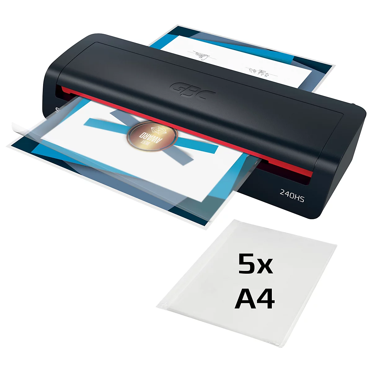 Laminateur noir avec une couleur d'accent rouge. Un document est en cours de lamination. A côté, des feuilles avec l'inscription 5x A4.