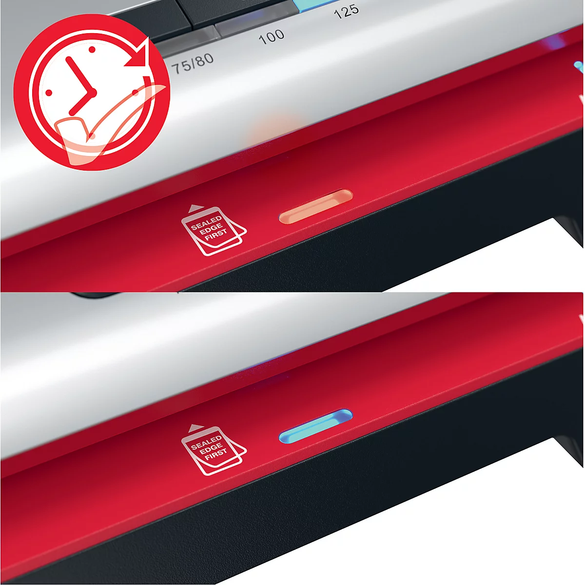 Détail d'une plastifieuse : bande rouge avec panneau de commande et voyants lumineux. En haut rougeoyant, en bas bleu.