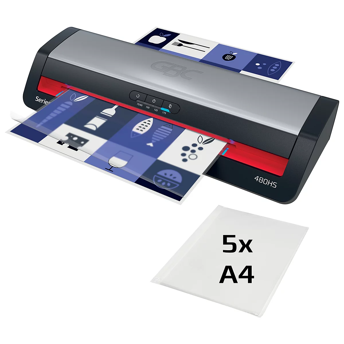 Laminateur distribuant une feuille plastifiée. A côté, un paquet de 5 feuilles A4.