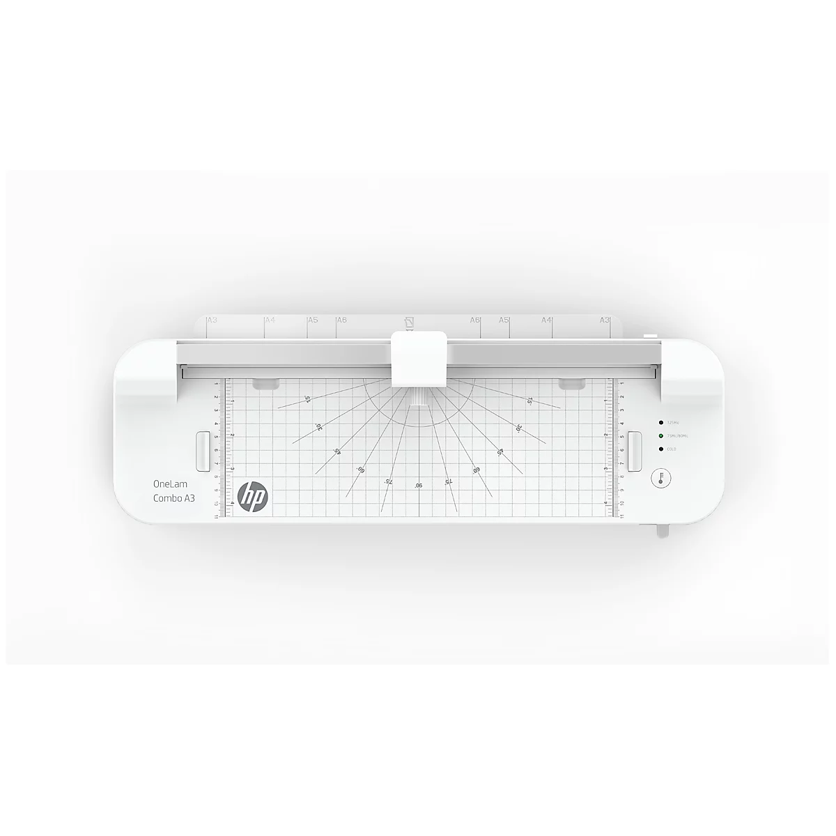 Coupeuse HP blanche, vue de dessus, avec des lignes de mesure et le logo HP.