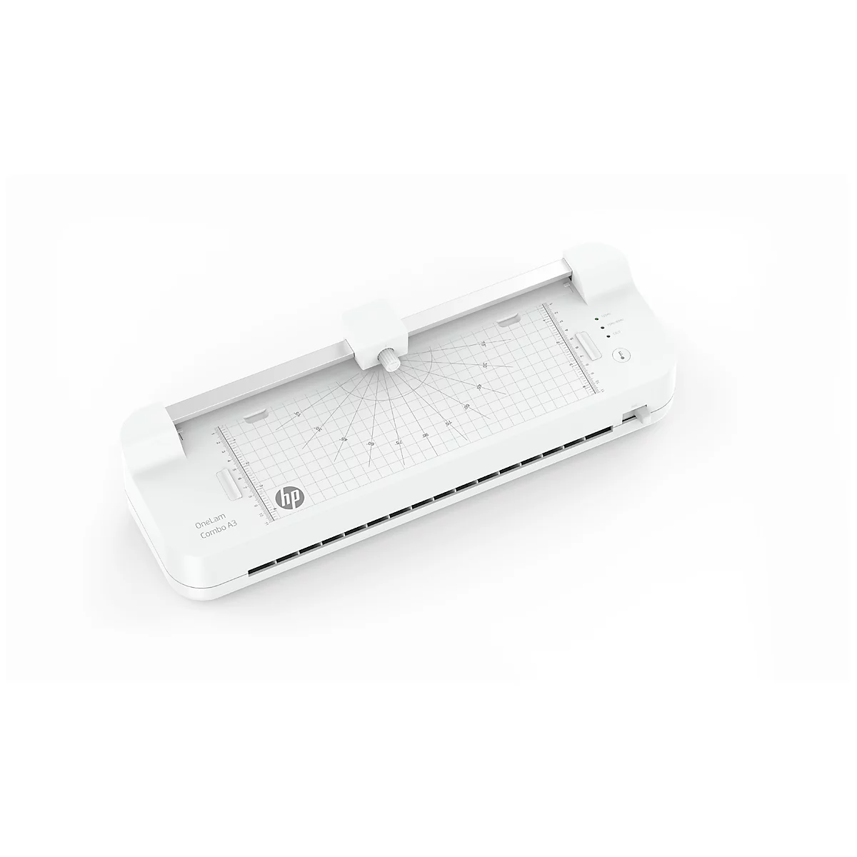 Laminateur HP blanc, photographié d'en haut. Une grille et une échelle ronde sont visibles sur la surface.