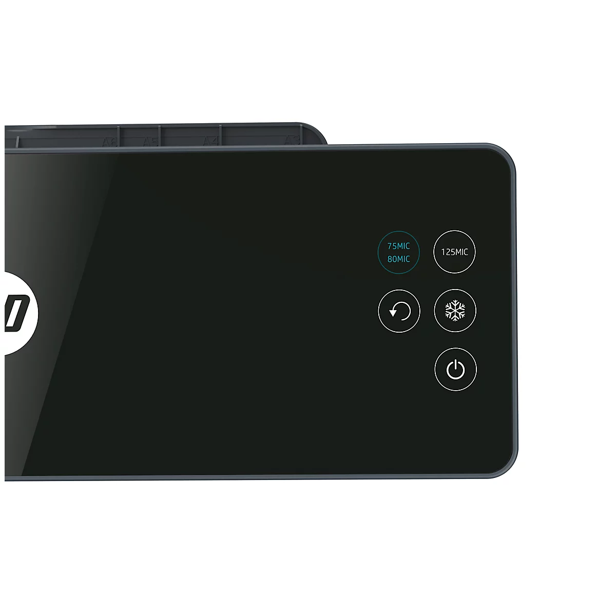 Gros plan sur un panneau de contrôle noir avec des boutons éclairés et le logo HP.