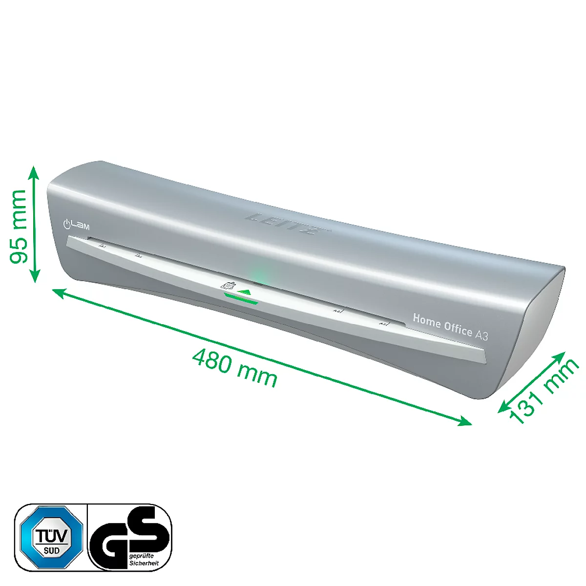 Laminateur gris avec dimensions. Texte : Home Office A3, TUV SUD GS.