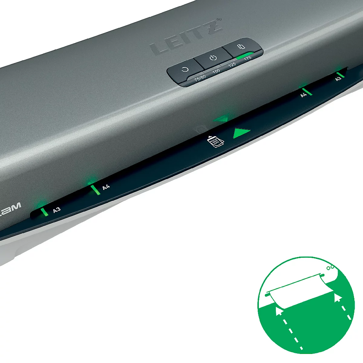 Laminateur Leitz gris, commandes éclairées en vert, marquages A3 et A4. Symbole de fonction et infographie.
