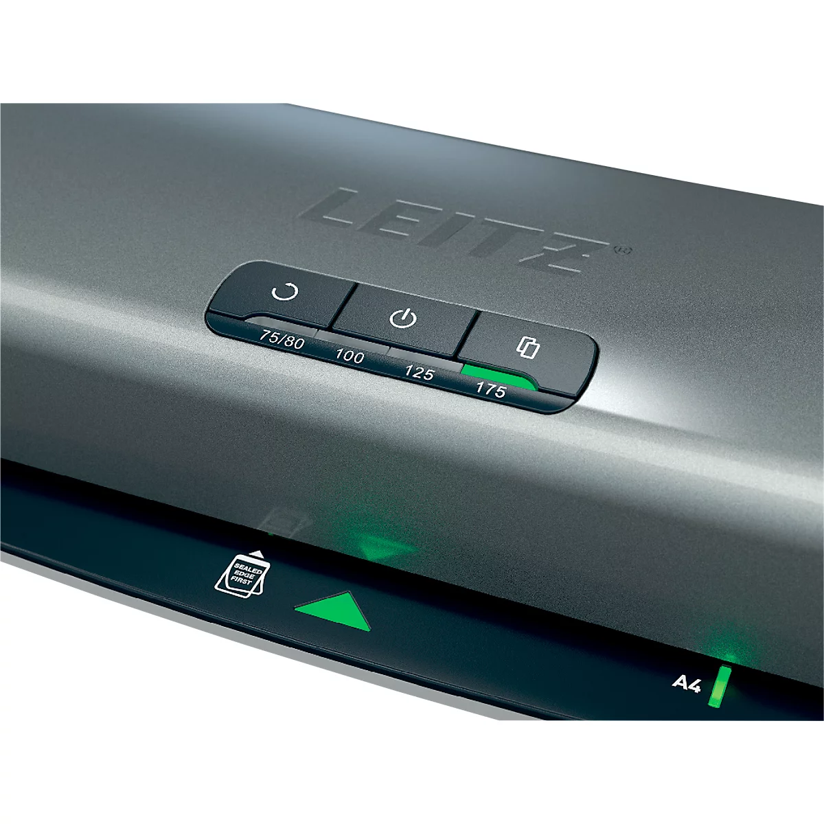 Laminateur Leitz gris avec panneau de commande, indicateurs lumineux et le mot 'LEITZ'.