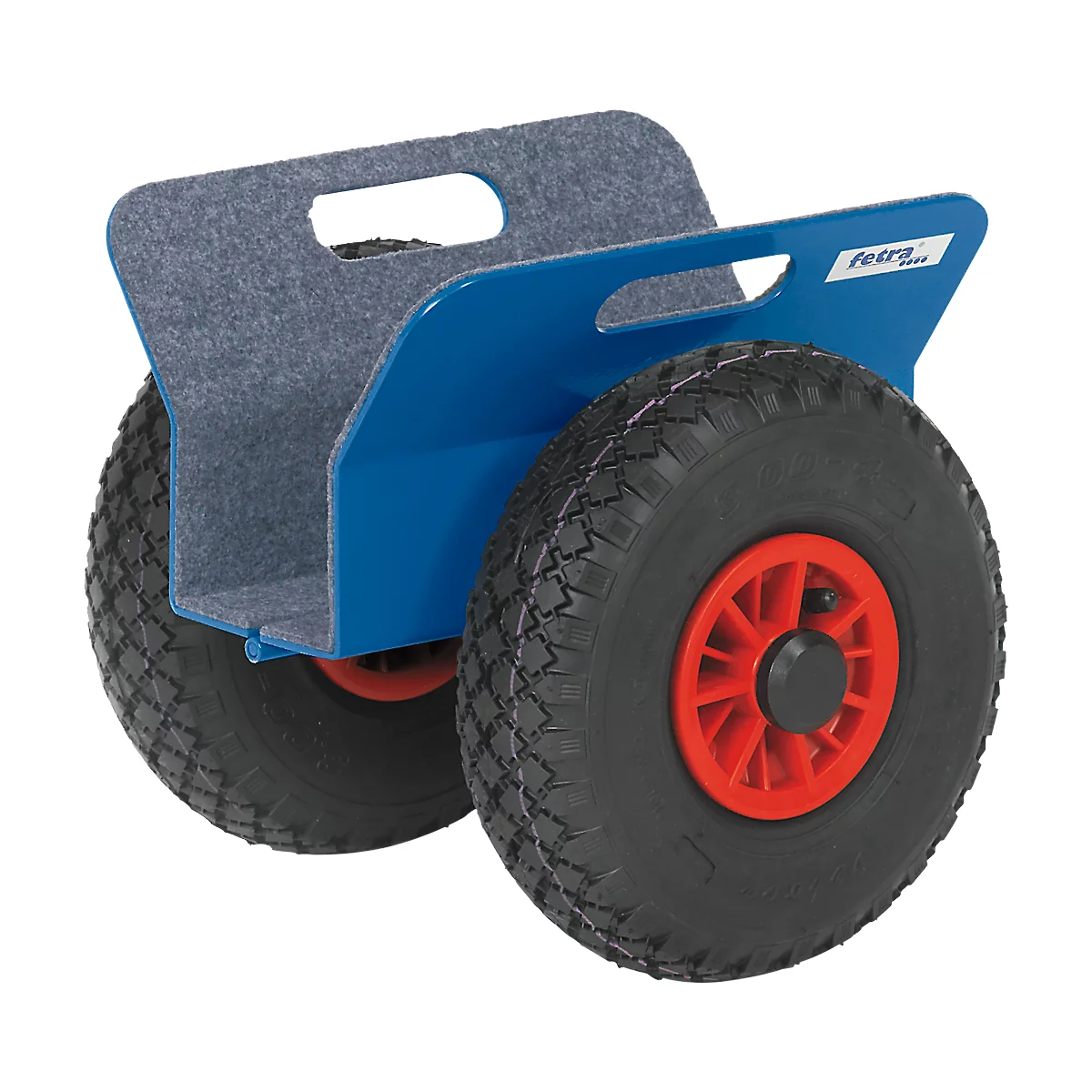 Blue transport cart with gray support and large tires.