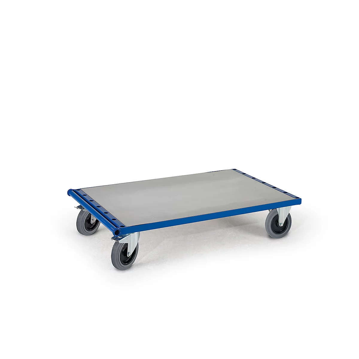 Gray dolly with blue frame and four wheels, isolated on a white background.