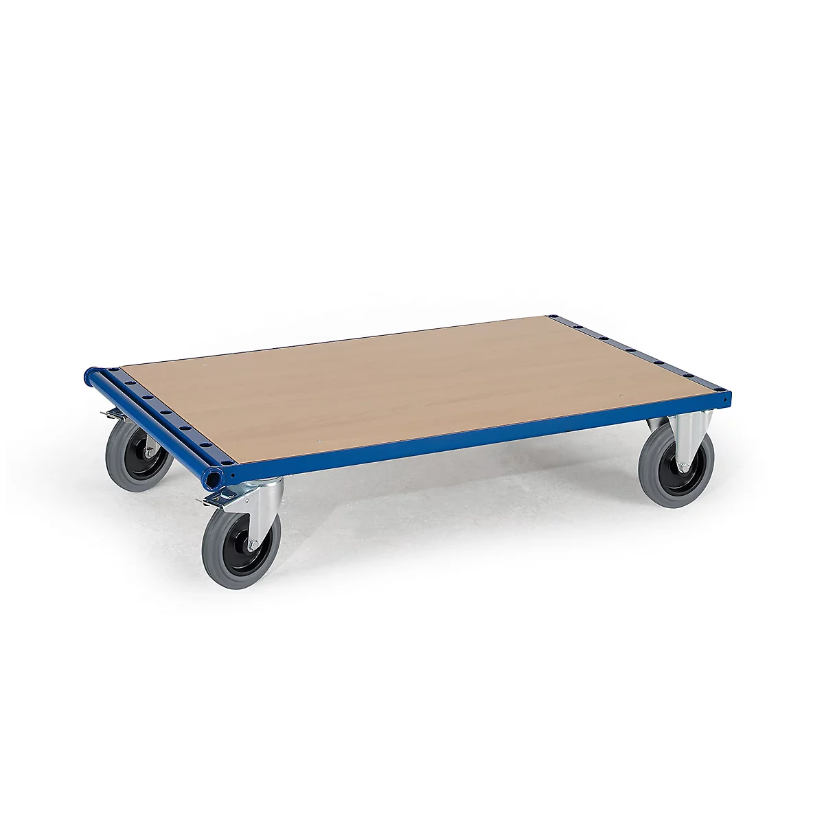 Flat blue transport cart with wooden panel and four wheels on a white background.