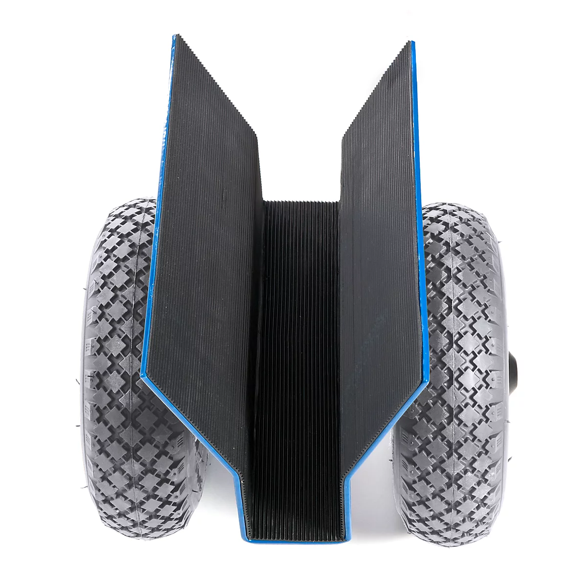 A black, foldable transport cart, blue bordered, with two gray wheels on a white background.