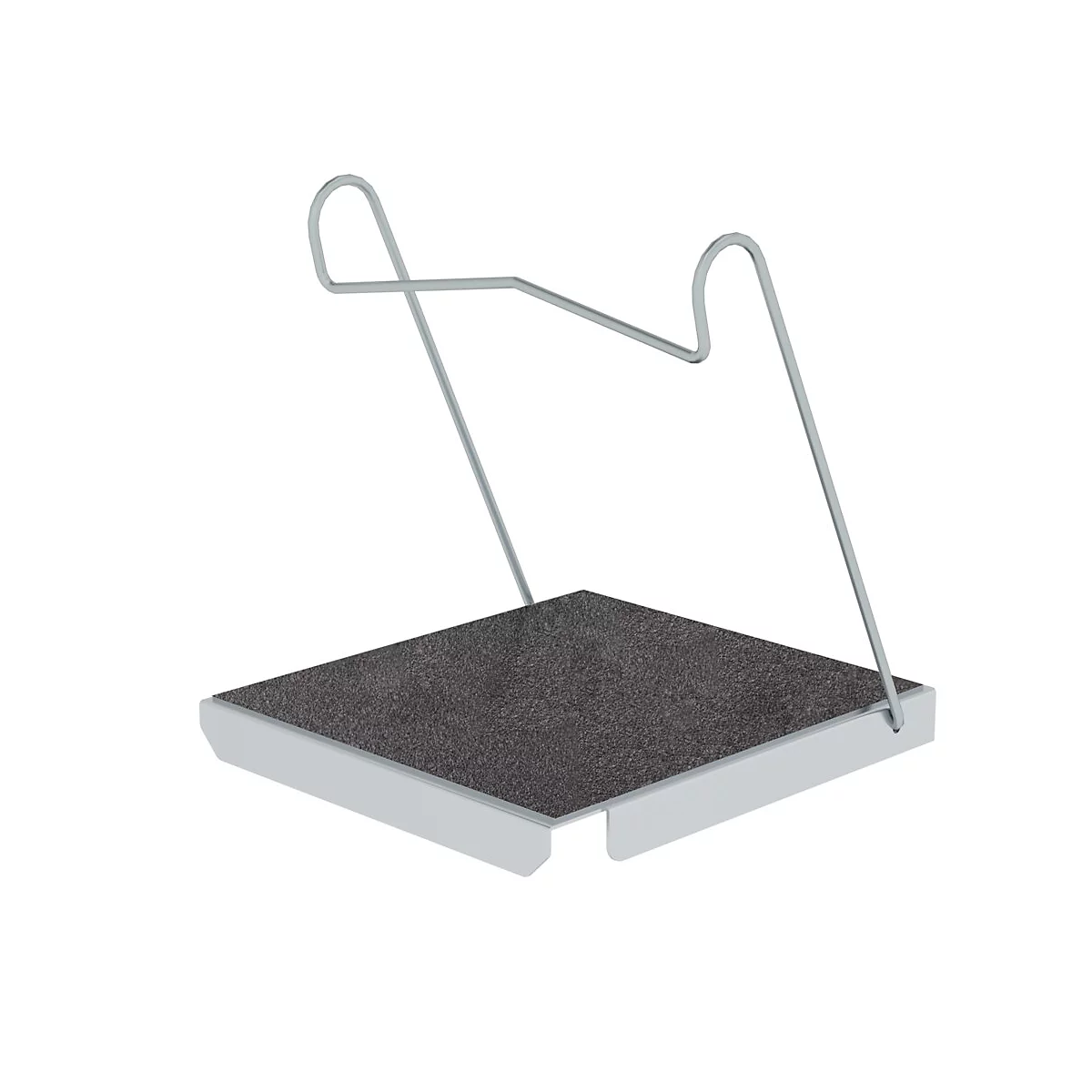 Un support de fer à souder argenté avec une étagère rectangulaire gris-noir et un support.