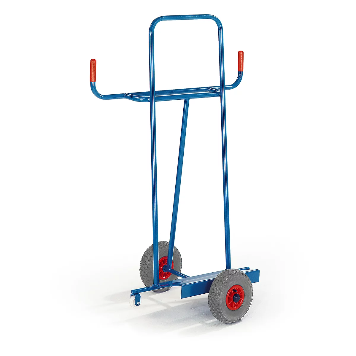 Blue transport cart with two wheels, red handle and handle ends.