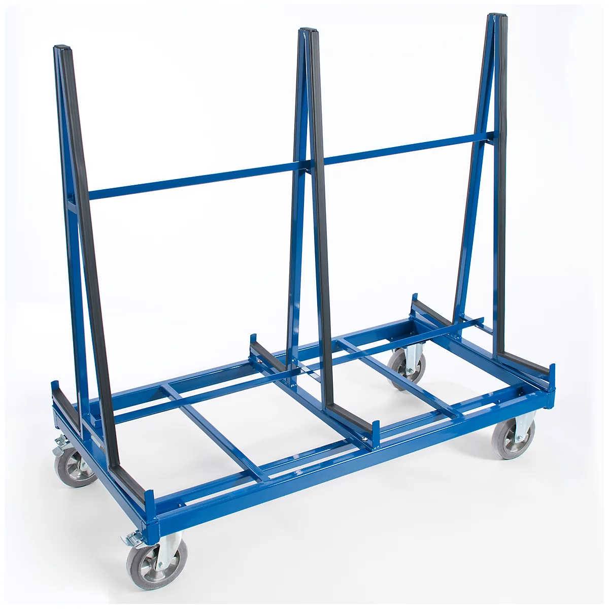Blue glass cart with vertical holders on wheels. Black rubber strips protect the glass.