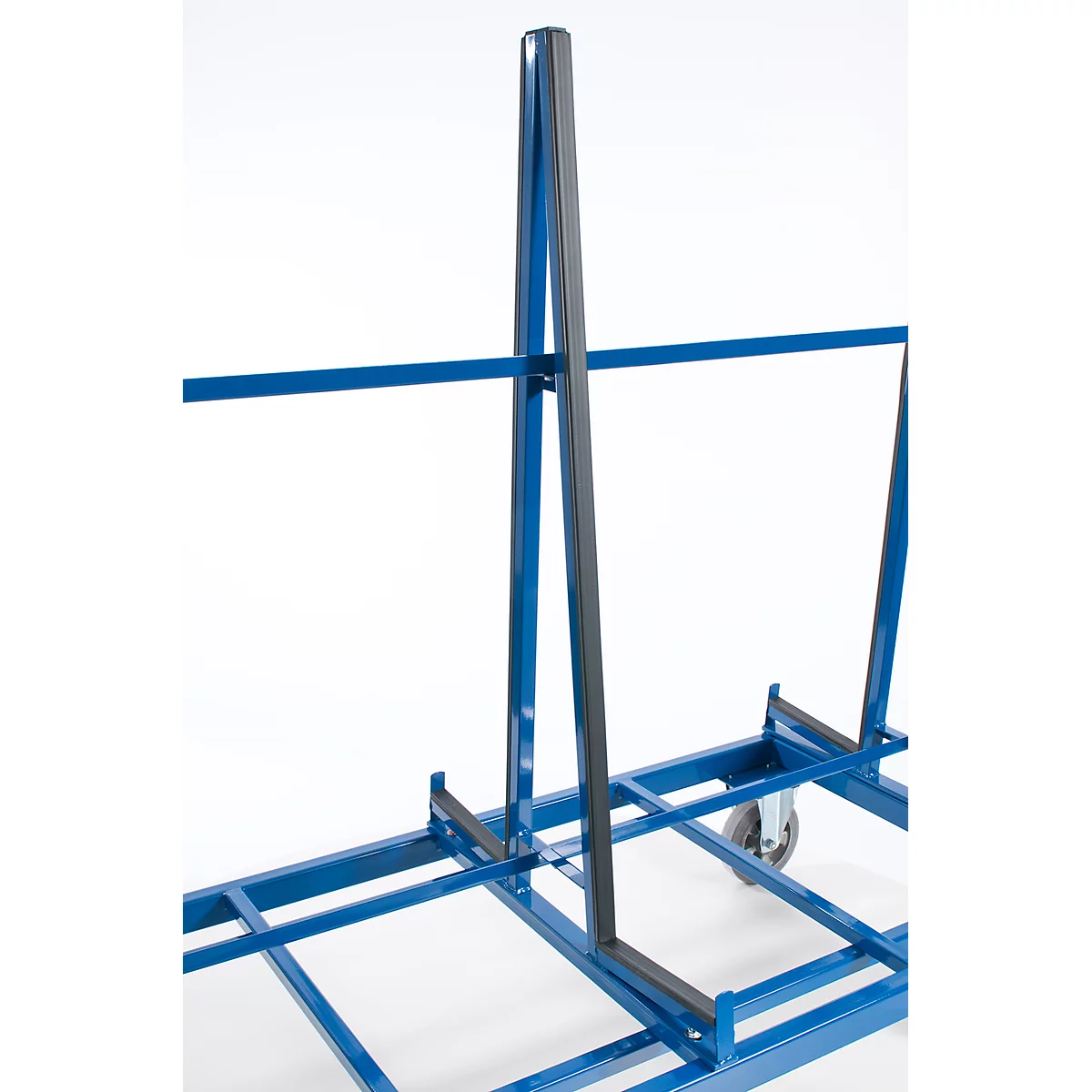 Blue metal frame with vertical struts and wheels. The bars are connected by horizontal struts.